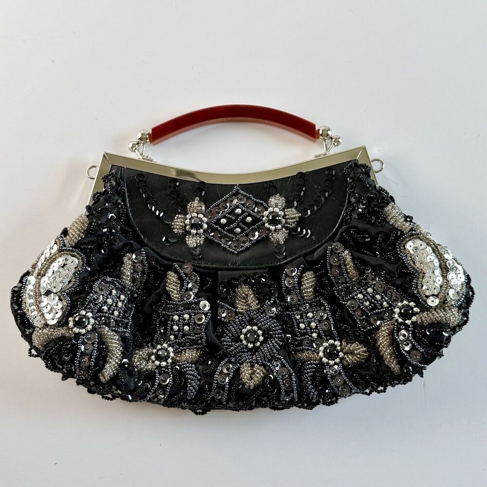 LEXI Int'l Black Satin Sequin Beaded Tortoise Handled Evening Clutch Purse Retro - Picture 13 of 13